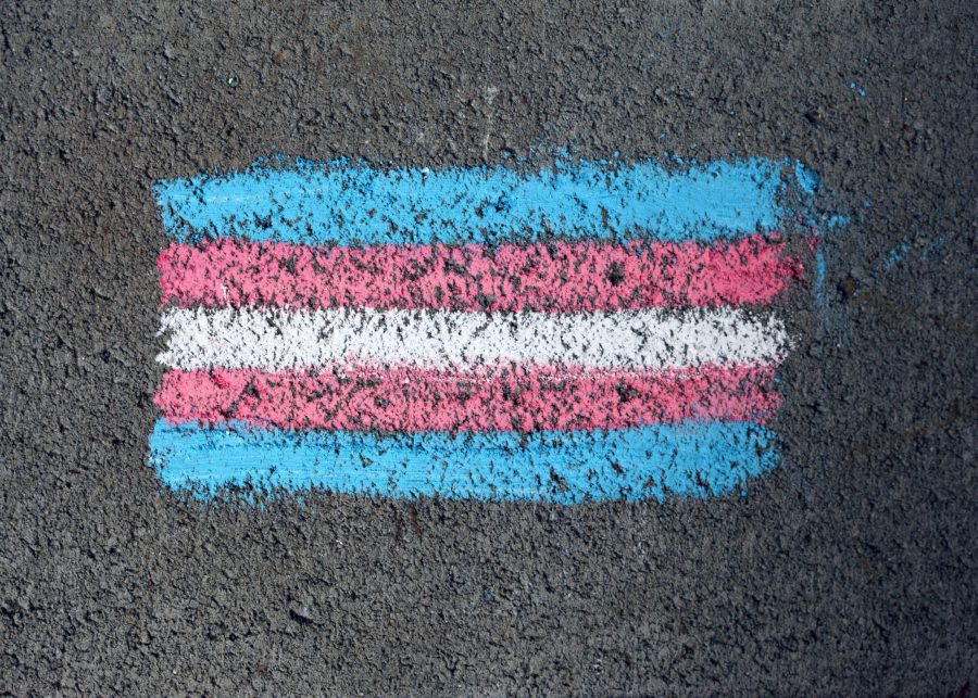 A painted transgender flag displayed on the ground.
